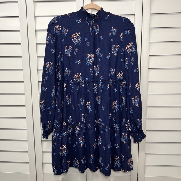 Free People Petit Fours Boho Linen Blend Tiered Mini Dress Size Small Indigo - Picture 4 of 15